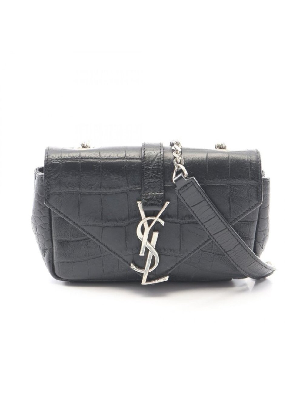 Saint Laurent Paris Shoulder Bag Monogram Envelope Mini Croco Embossed Black